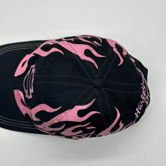 Y2K Pink Flame Harley Davidson Black Baseball Cap Hat Women's Glitter Adjustable - Picture 7 of 12
